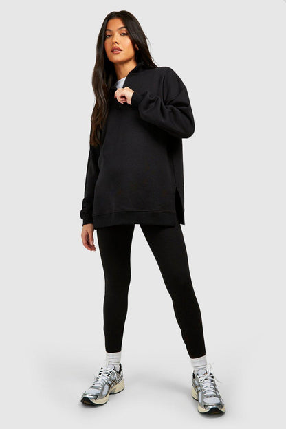 BH Maternity Half Zip Oversized Sweatshirt Set-2369-Black