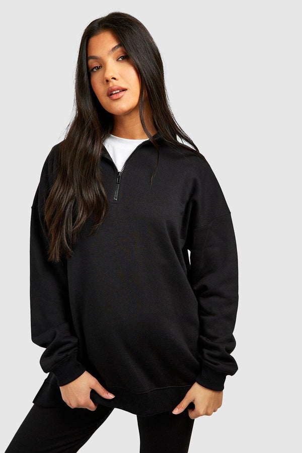 BH Maternity Half Zip Oversized Sweatshirt Set-2369-Black