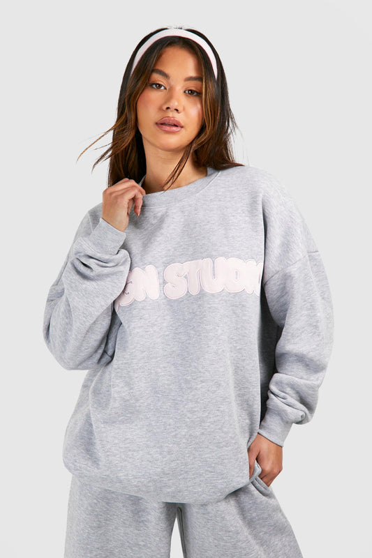 Dsgn Studio Applique Oversized Sweatshirt For Women-Bho-2381-Grey