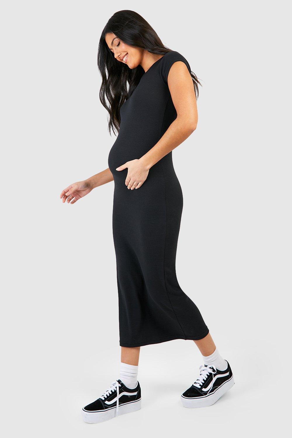 Booho Maternity Cap Sleeve Midaxi Rib Dress-2325-Black