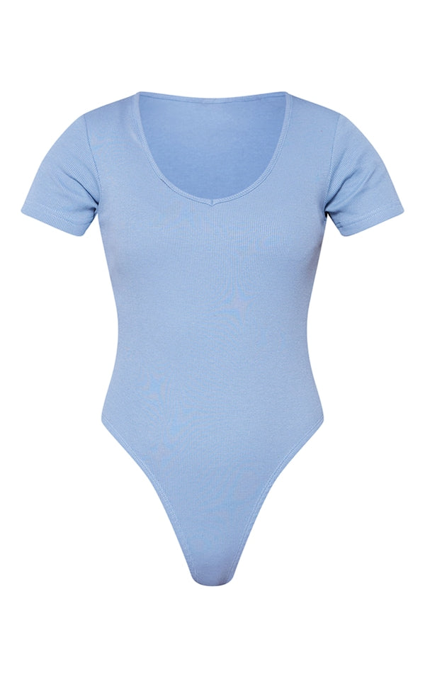 PLT Basic Rib V Neck Short Sleeve Bodysuit-2327 -Powder Blue