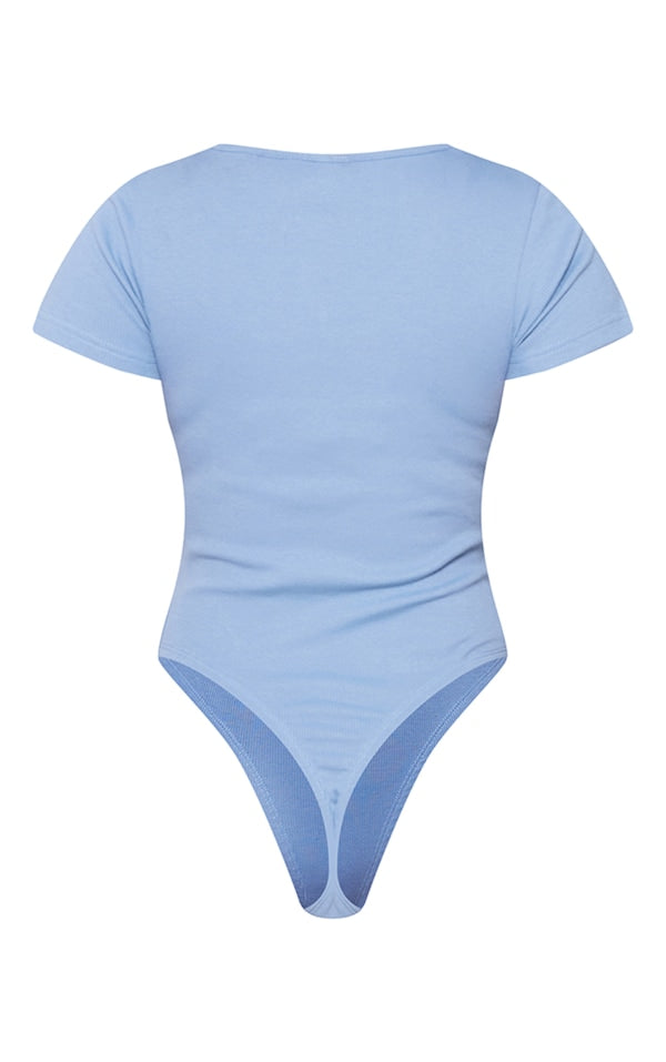 PLT Basic Rib V Neck Short Sleeve Bodysuit-2327 -Powder Blue