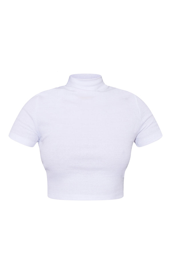 PLT Basic Rib High Neck Short Sleeve Crop Top-2322-White