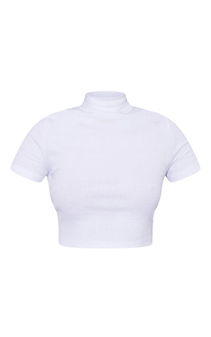 PLT Basic Rib High Neck Short Sleeve Crop Top-2322-White