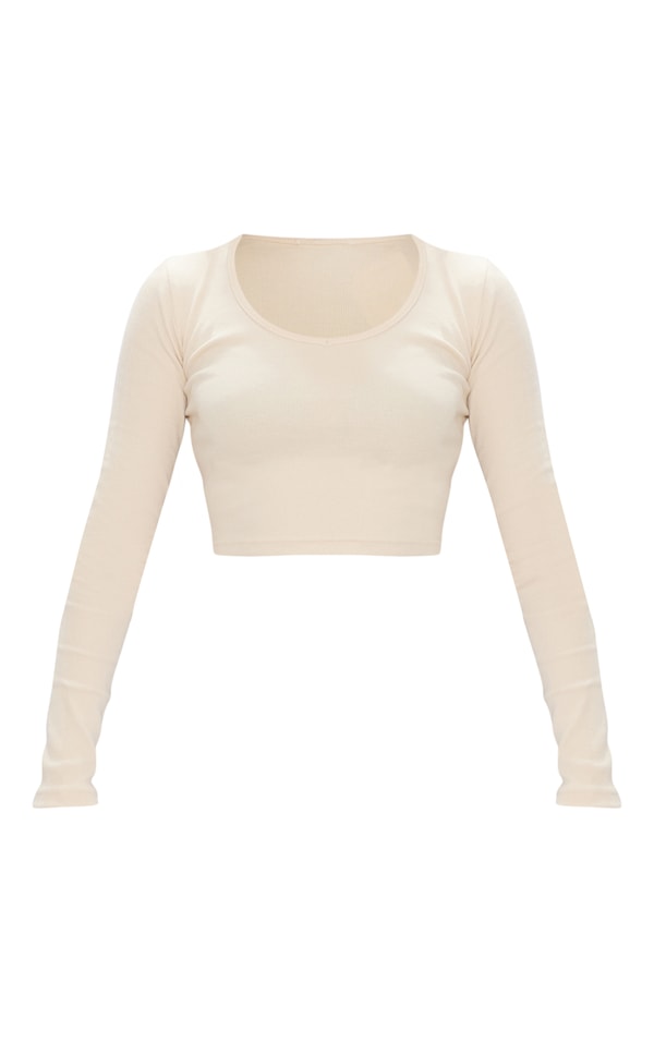 PLT Rib Long Sleeve V Neck Crop Top-2323-Cream