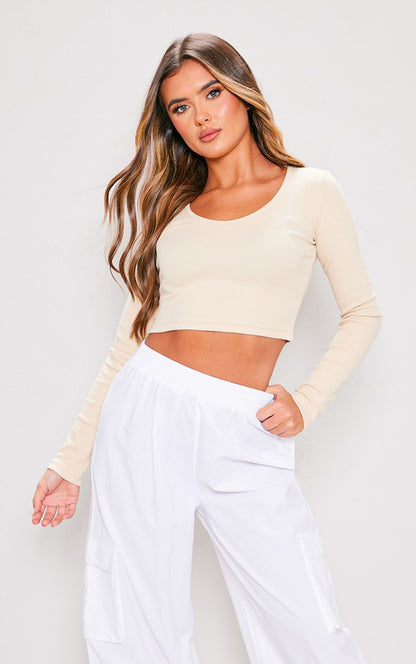 Long Sleeve Ribbed V-Neck Croptop-PLT-2301 -Cream