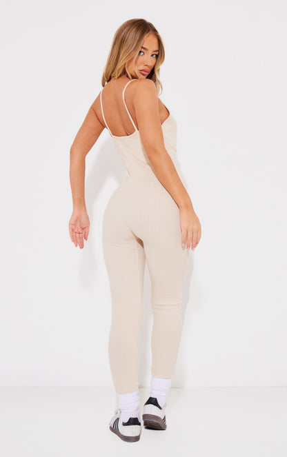 Rib underbust binding jumpsuit-2415-PLT-Cream