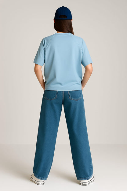 2700-  Raglan Sleeve  Oversize Plain T Shirt Women-Sky Blue