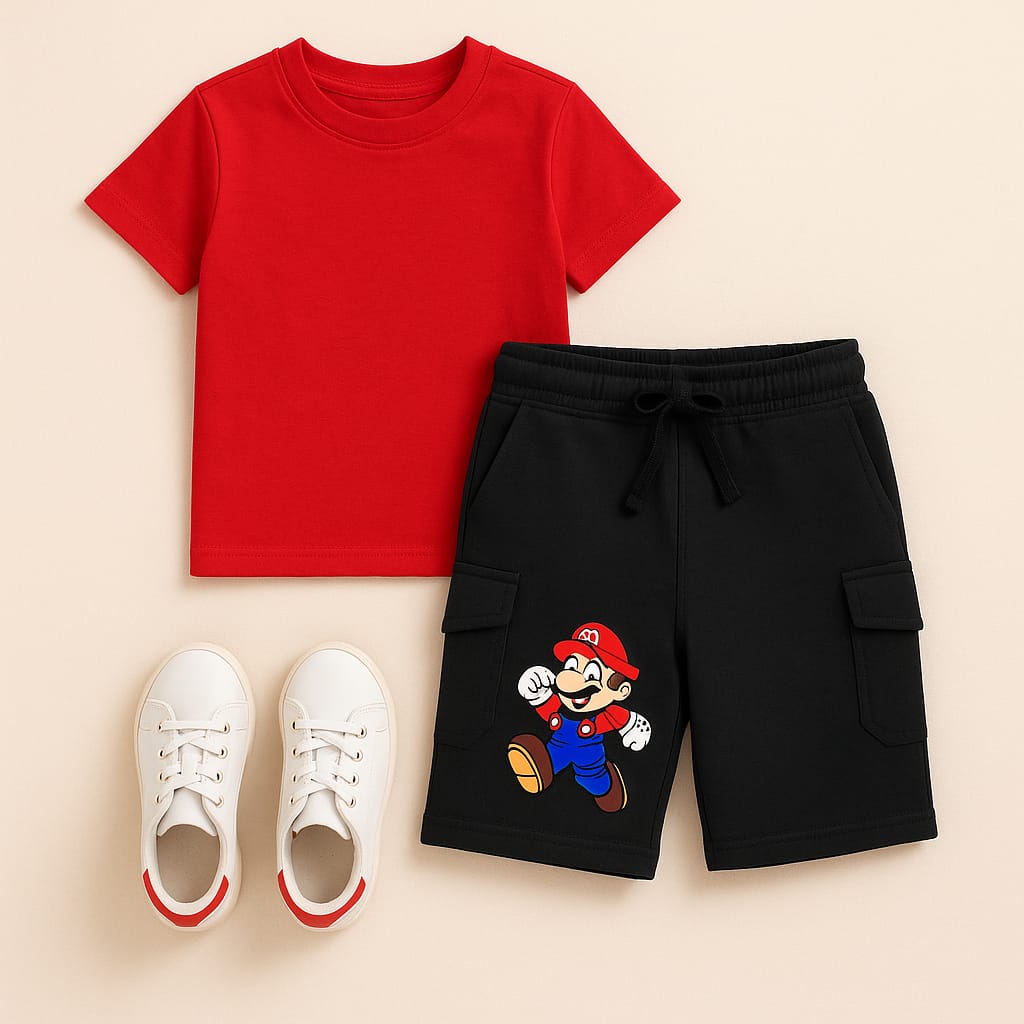 2723-JM Super Mario Print Shorts For Kids-Black
