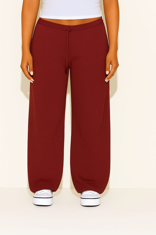 2668-Ribbed Drawsting Wide Leg Trouser For Women-Burgundy