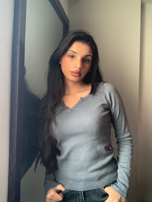 2789-Plt Acid Wash Rib Notch Neck Top Women