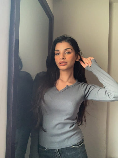 2789-Plt Acid Wash Rib Notch Neck Top Women