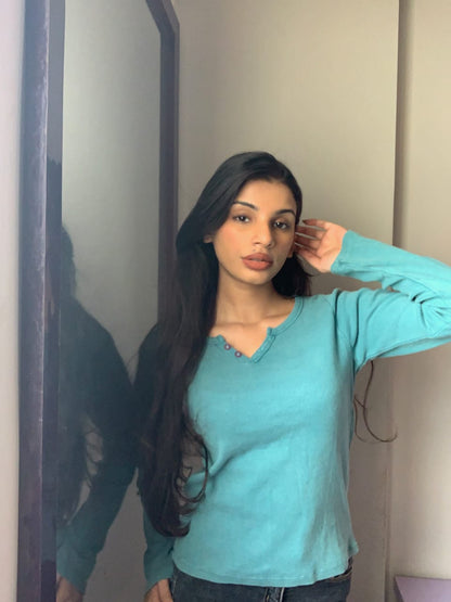 2789-Plt Acid Wash Rib Notch Neck Top Women