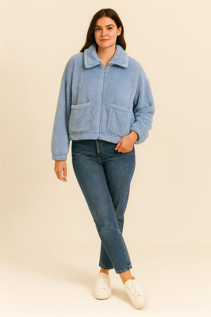 2788-Crazyage Furr Full Zip Jacket With Front Pocket Women