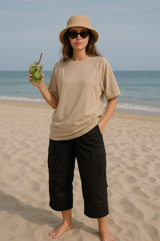 2700- Raglan Sleeve  Oversize Plain T Shirt Women-Beige