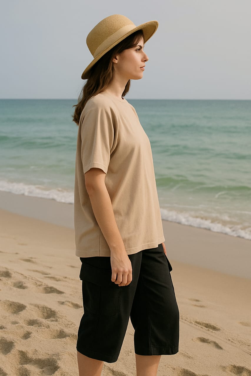 2700- Raglan Sleeve  Oversize Plain T Shirt Women-Beige
