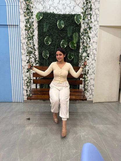 Ribbed Button Down V Neck Long Sleeve Top-PLT-2547-Cream