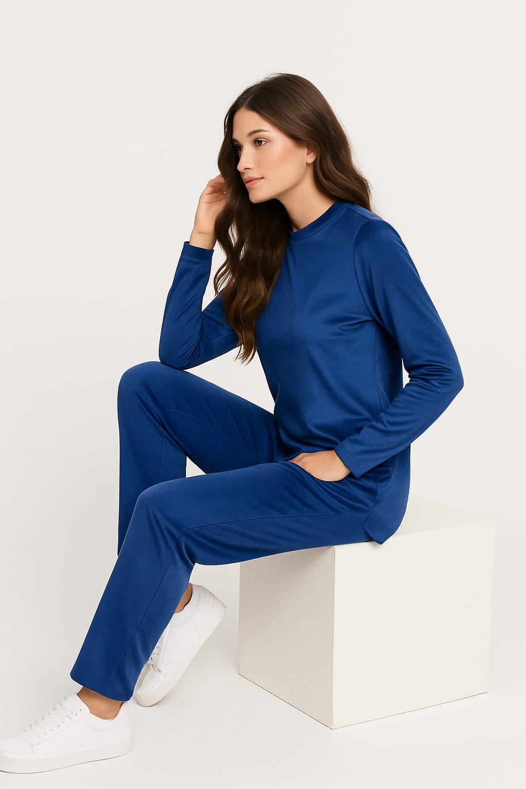Velvet Crew Neck Tracksuite For Women-2354-Royal Blue