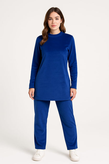 Velvet Crew Neck Tracksuite For Women-2354-Royal Blue
