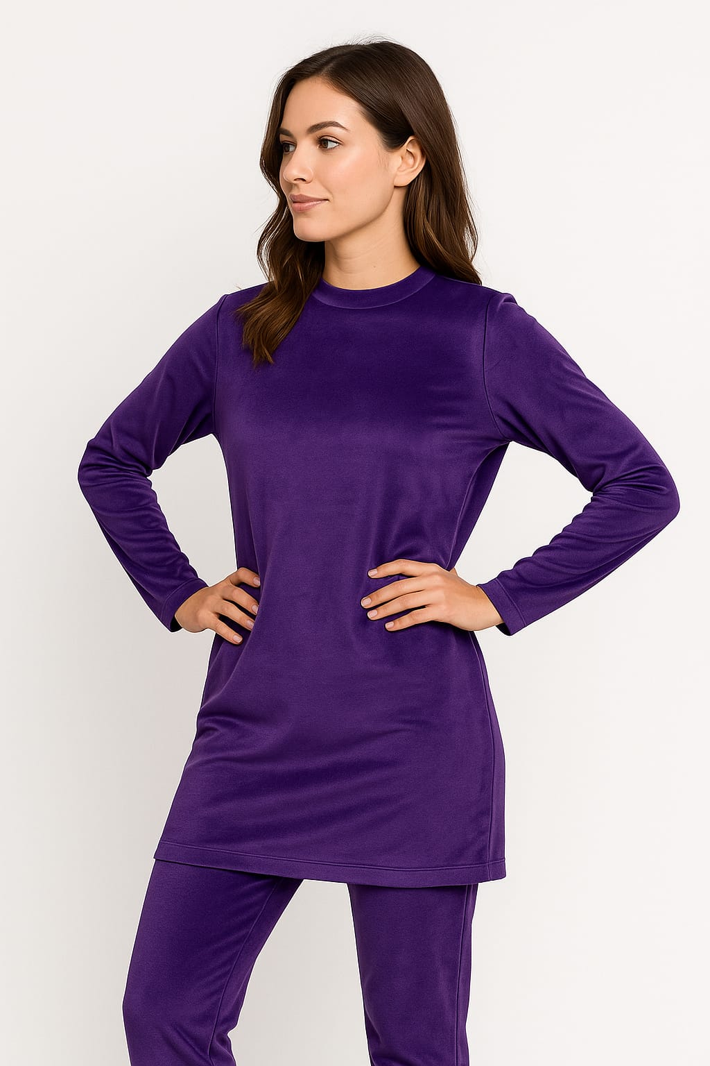 Velvet Crew Neck Tracksuit For Women-2354-Purple