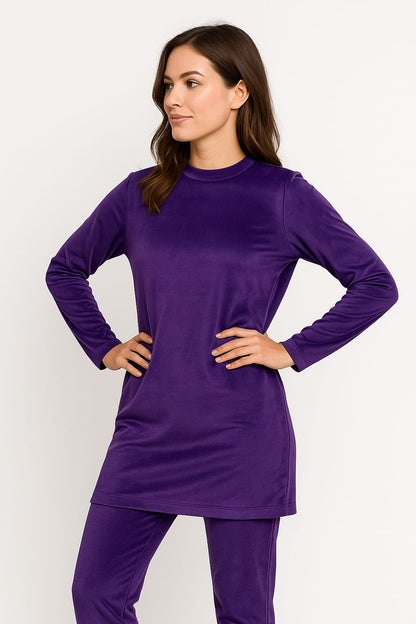 Velvet Crew Neck Tracksuit For Women-2354-Purple