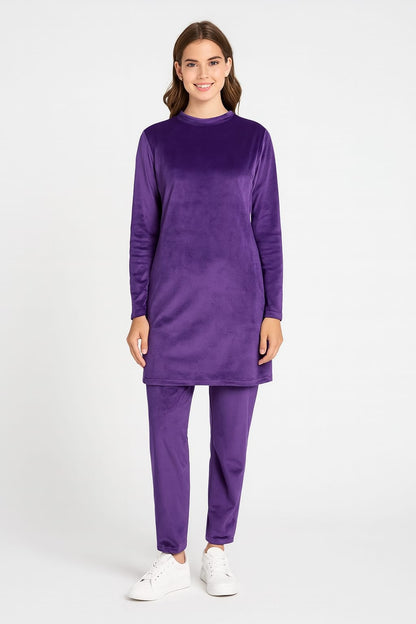 Velvet Crew Neck Tracksuit For Women-2354-Purple