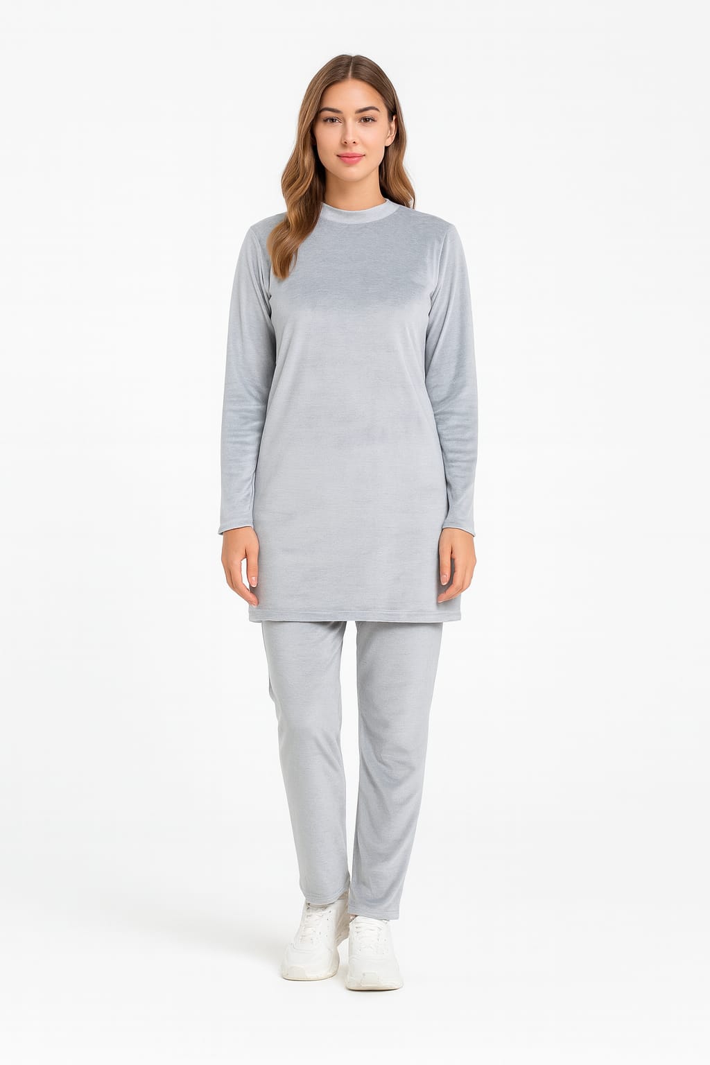 Velvet Crew Neck Tracksuit For Women-2354-Grey
