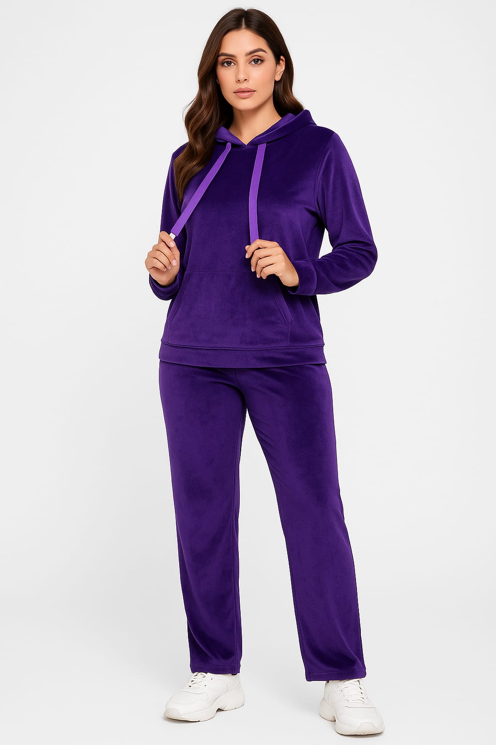 Velvet Pullover Hood Tracksuit For Women-2354-Purple