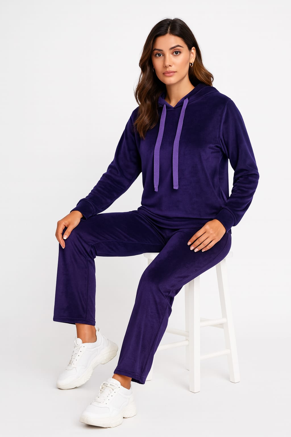 Velvet Pullover Hood Tracksuit For Women-2354-Purple