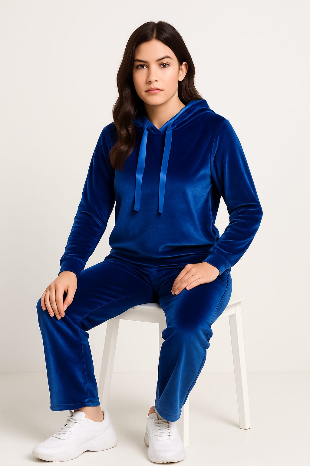 Velvet Pullover Hood Tracksuit For Women-2354-Royal Blue