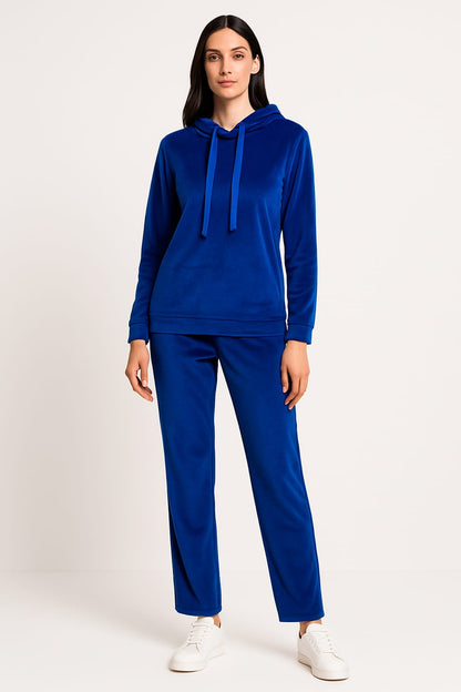 Velvet Pullover Hood Tracksuit For Women-2354-Royal Blue