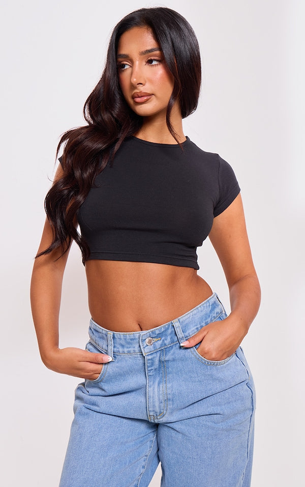 Cotton Basic Cap Sleeve Crop Top-2420-PLT-Black