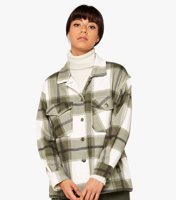 Olive White Check Shacket For Women-2486