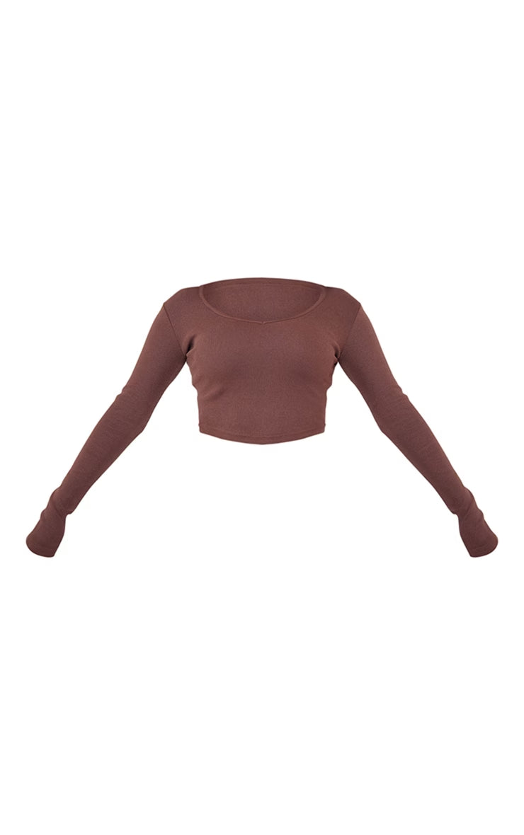 Long Sleeve Ribbed V-Neck Croptop-PLT-2301 -Brown