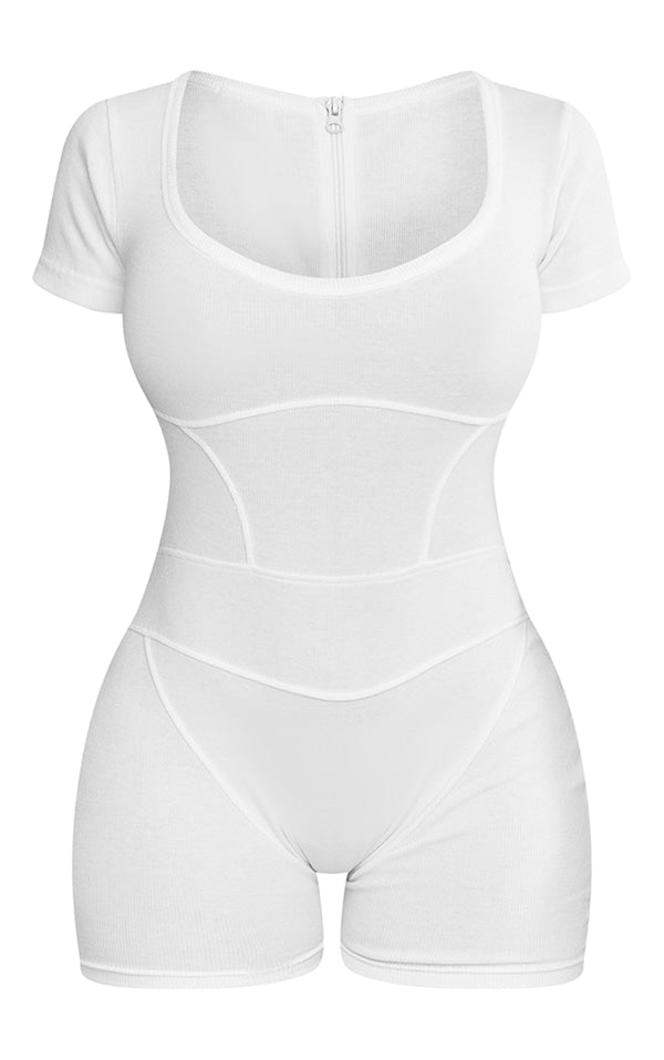 PLT Shape Bright seam detail Short  Sleeve Unitard-2440-White