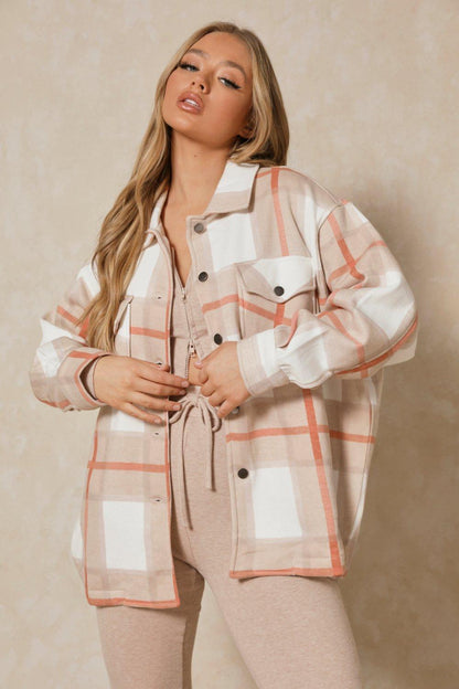 Beige White Check Shacket For Her-2479