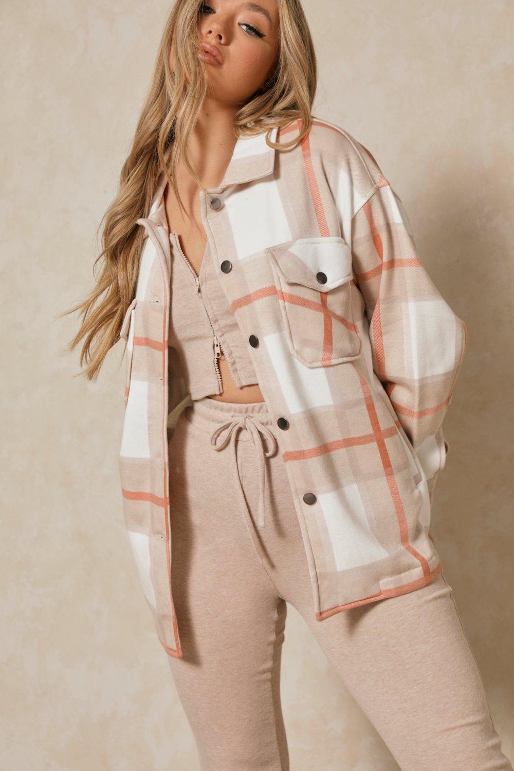 Beige White Check Shacket For Her-2479