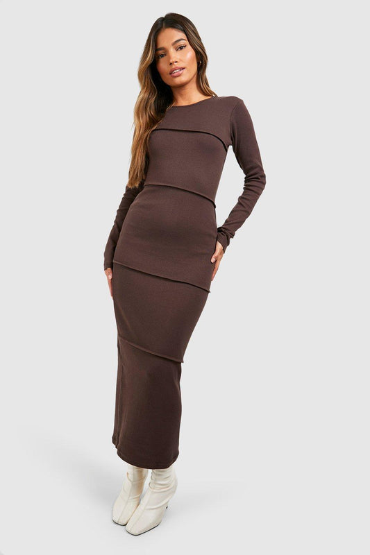 Boohoo  Long Sleeve Seam Detail Midaxi Dress-2324-Brown