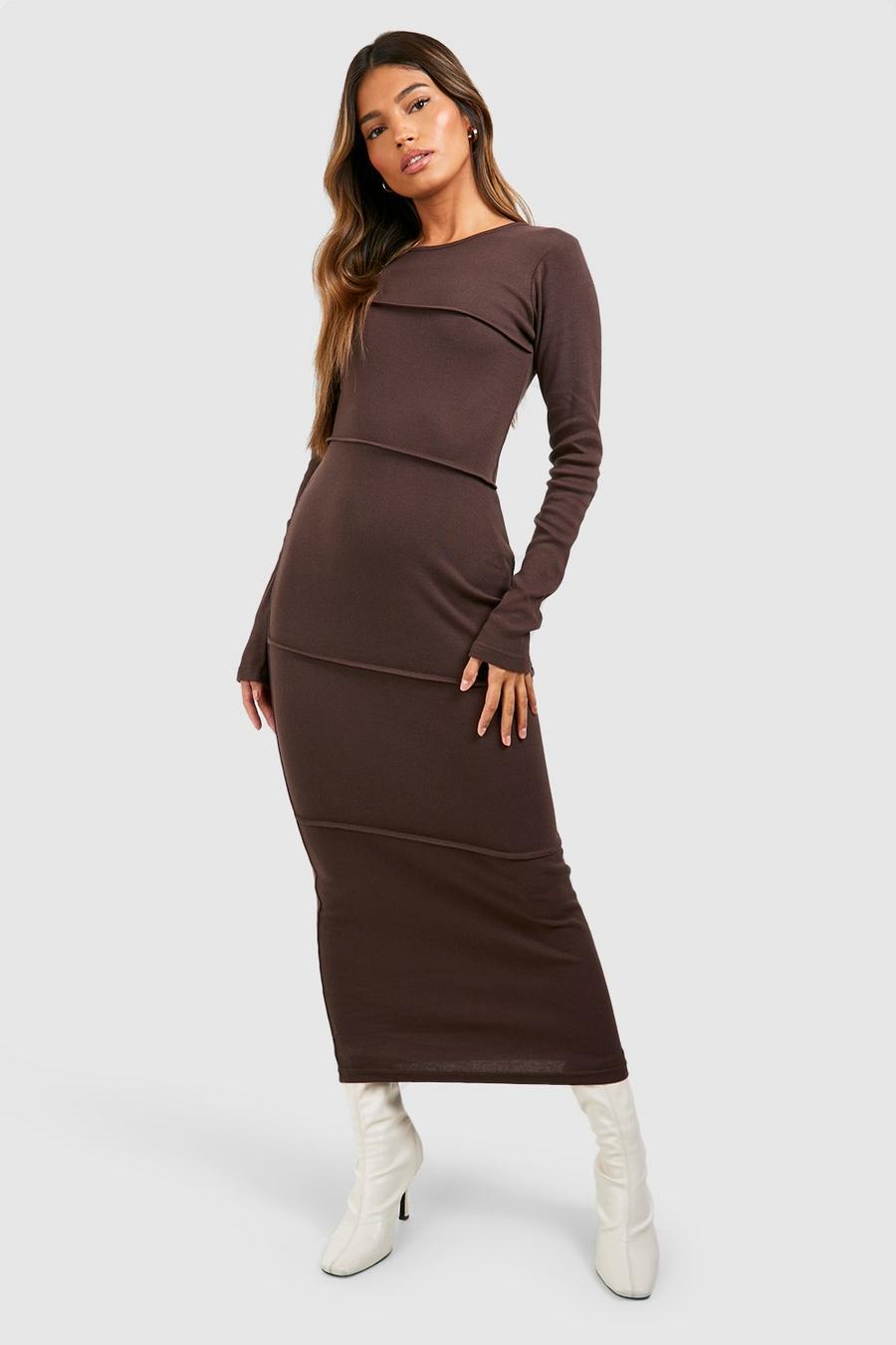 Boohoo  Long Sleeve Seam Detail Midaxi Dress-2324-Brown