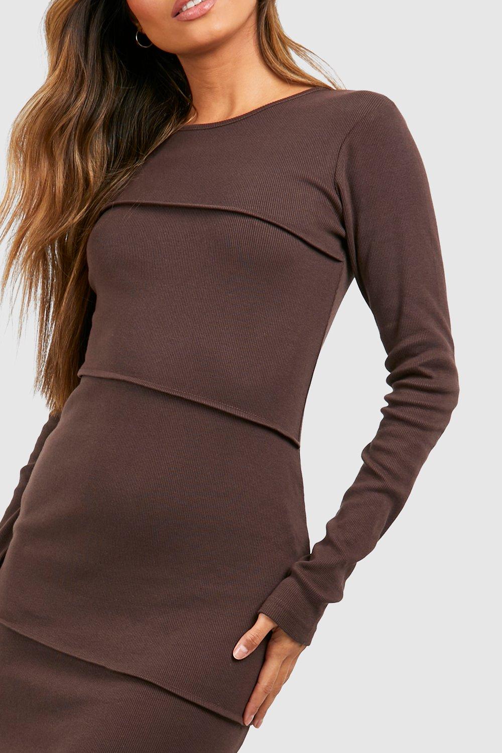 Boohoo  Long Sleeve Seam Detail Midaxi Dress-2324-Brown