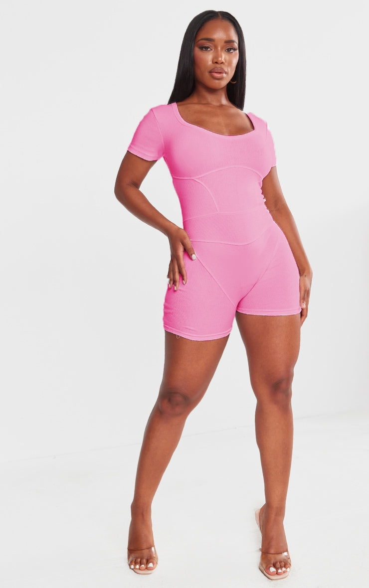 PLT Shape Bright seam detail Short  Sleeve Unitard-2440-Pink