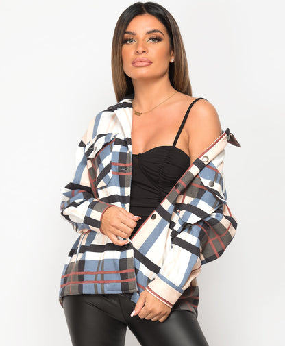 Multi Check Shacket For Women-2487-Blue White