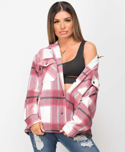 Wine White Check Shacket For Women-2483