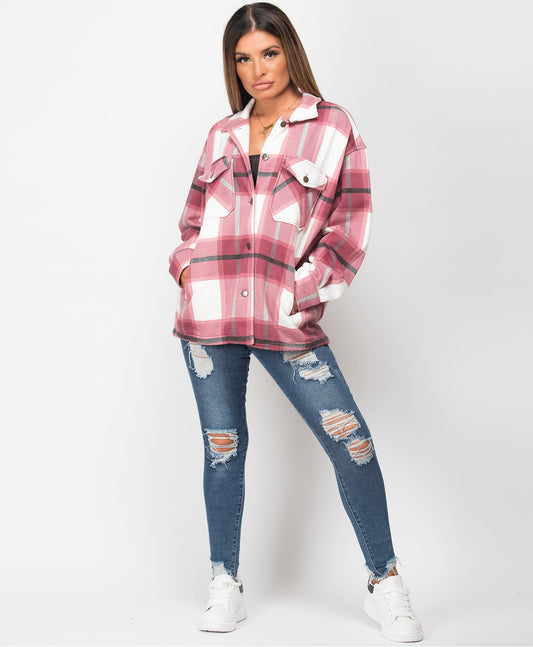 Wine White Check Shacket For Women-2483