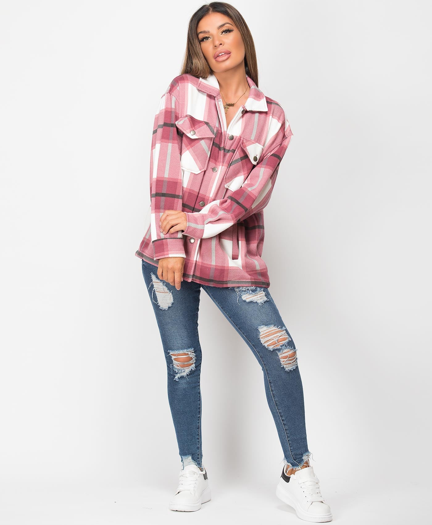 Wine White Check Shacket For Women-2483