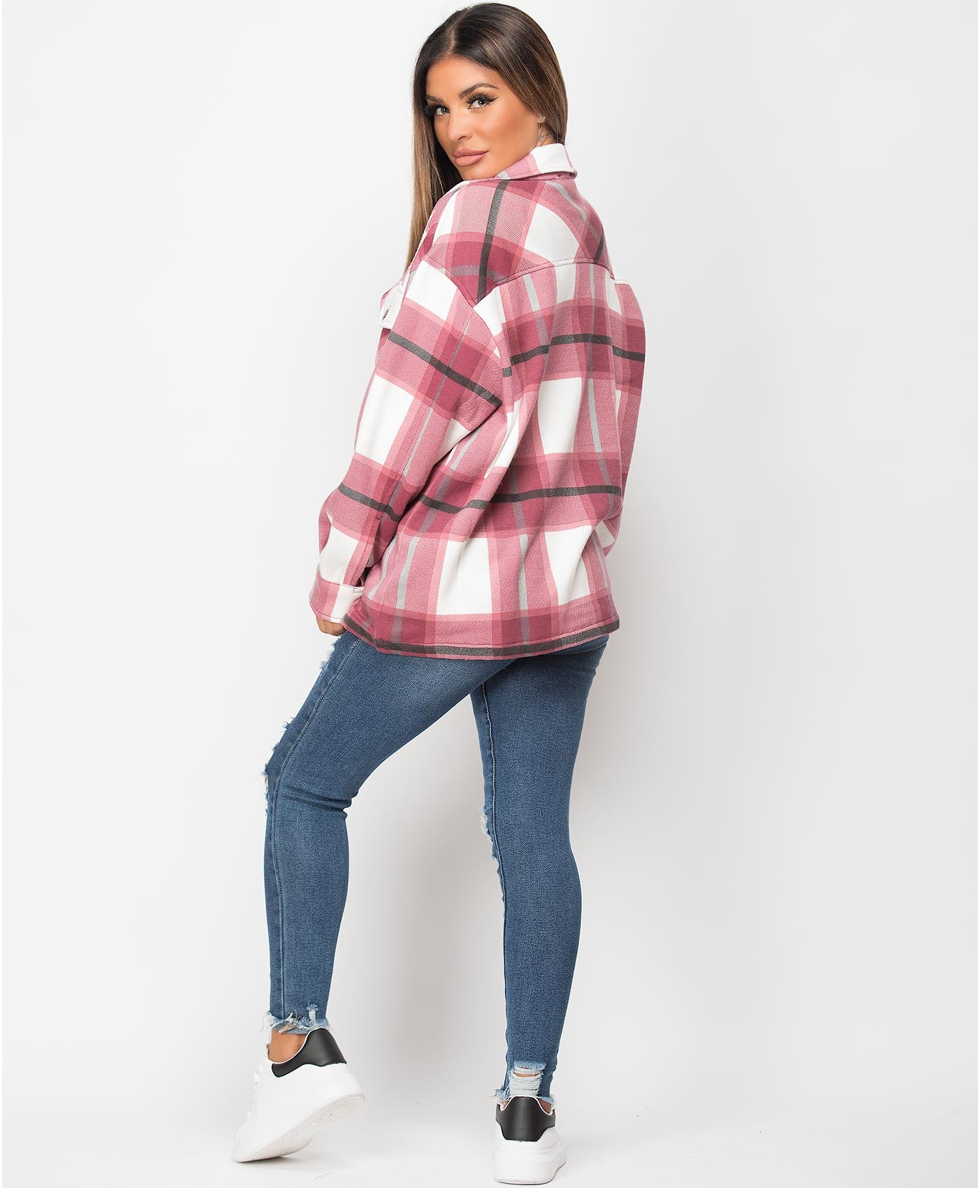 Wine White Check Shacket For Women-2483