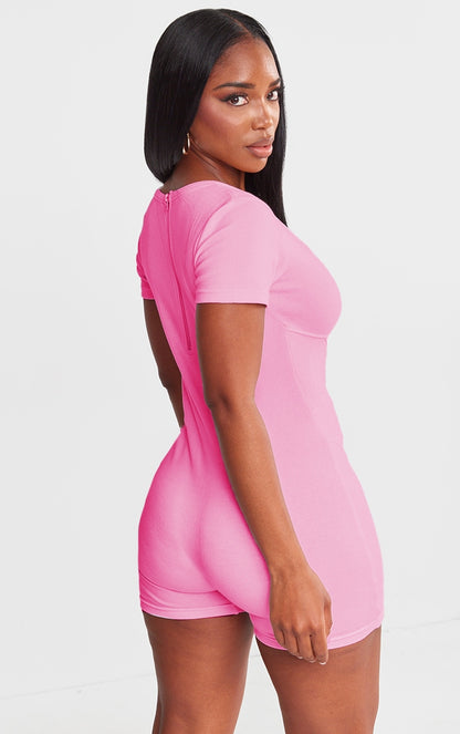 PLT Shape Bright seam detail Short  Sleeve Unitard-2440-Pink