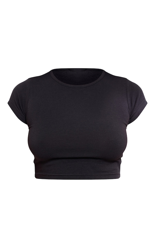 Cotton Basic Cap Sleeve Crop Top-2420-PLT-Black