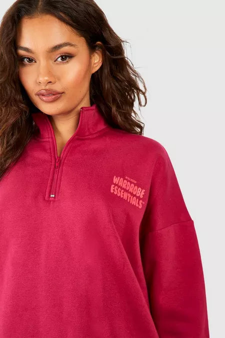 Boohoo Wardrobe Essentials Slogan  Quarter Zipper-2346-Burgundy