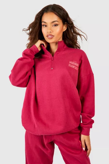 Boohoo Wardrobe Essentials Slogan  Quarter Zipper-2346-Burgundy